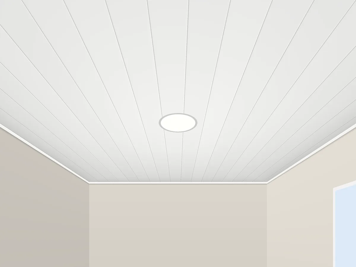 Ilustração de forro de PVC branco em réguas, com o perfil F na parede